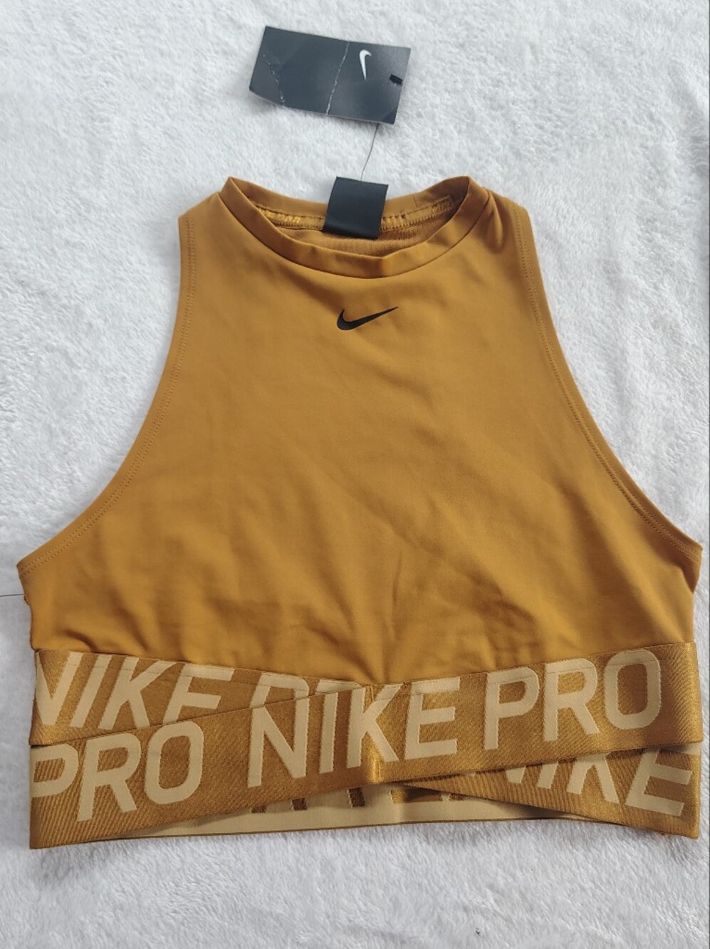 Nike Women's Cropped Tank - Mustard Yellow with Black Swoosh